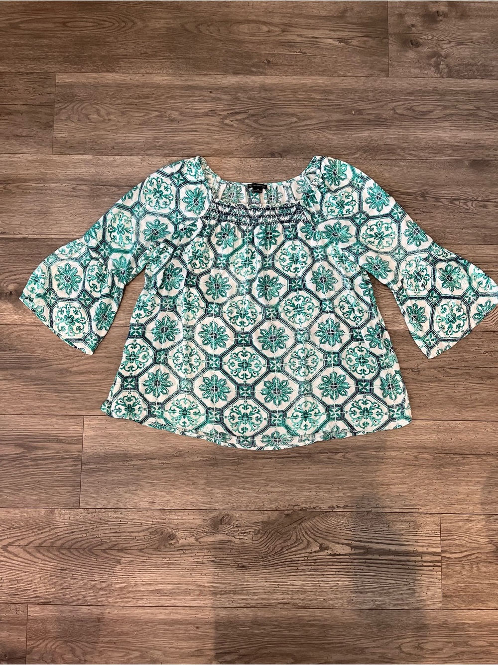 New Directions Women’s Peasant Blouse Vibrant Teal Green White Petite Small